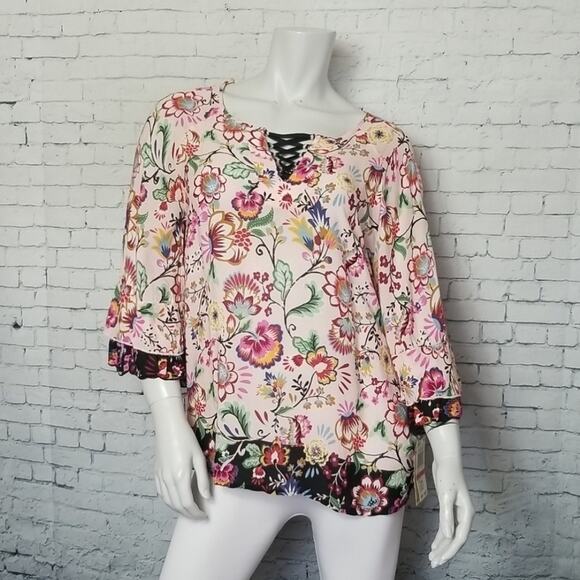 Democracy Womens XS Blouse Top Pink Boho Floral 3/4 Sleeve NEW Hippie - Picture 14 of 14